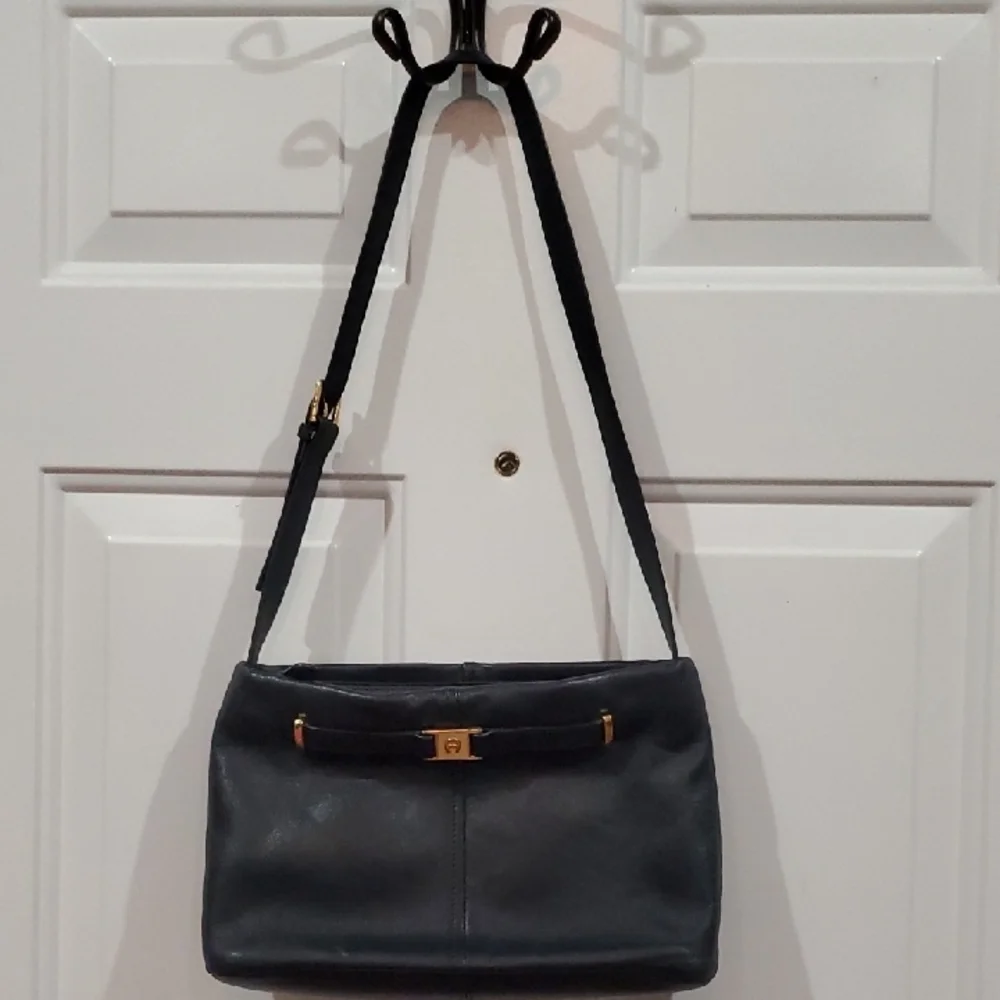 Etienne Aigner Black Leather Shoulder Bag with Gold Accents Plus Pocket Mirror